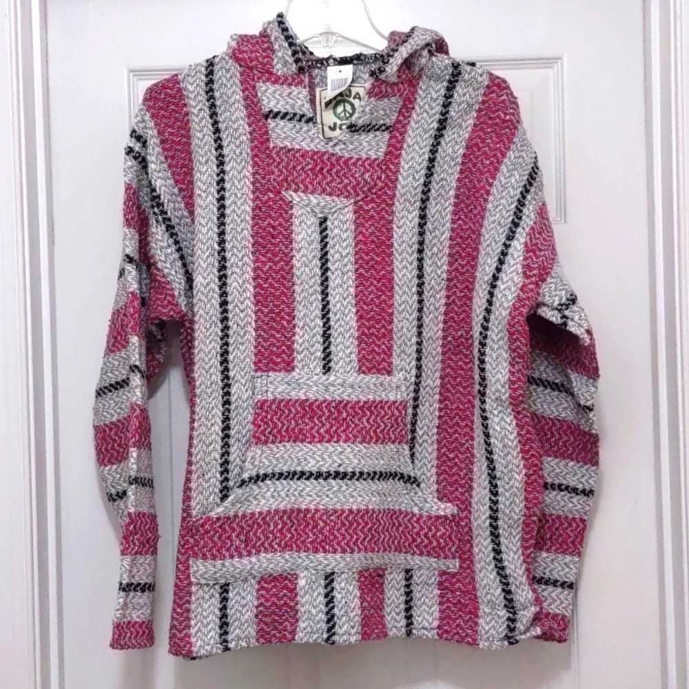 NWT Baja Joe Red and Gray Mexican  Hooded Pullover Size L